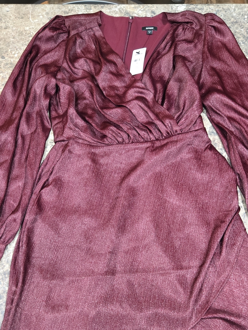 Express Metallic Burgundy Long Sleeve Wrap Midi Dress